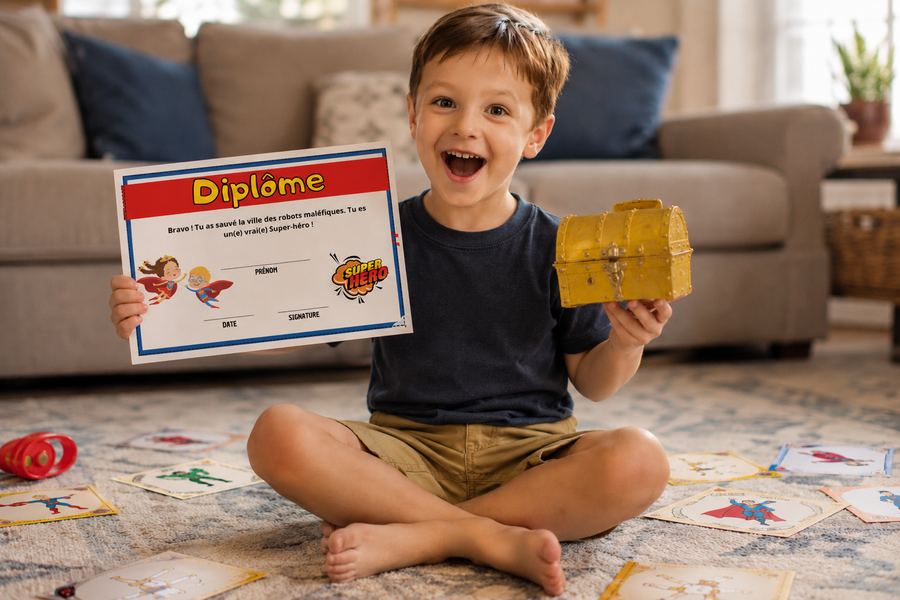 Enfant fier avec son diplôme super-héros et le coffre au trésor